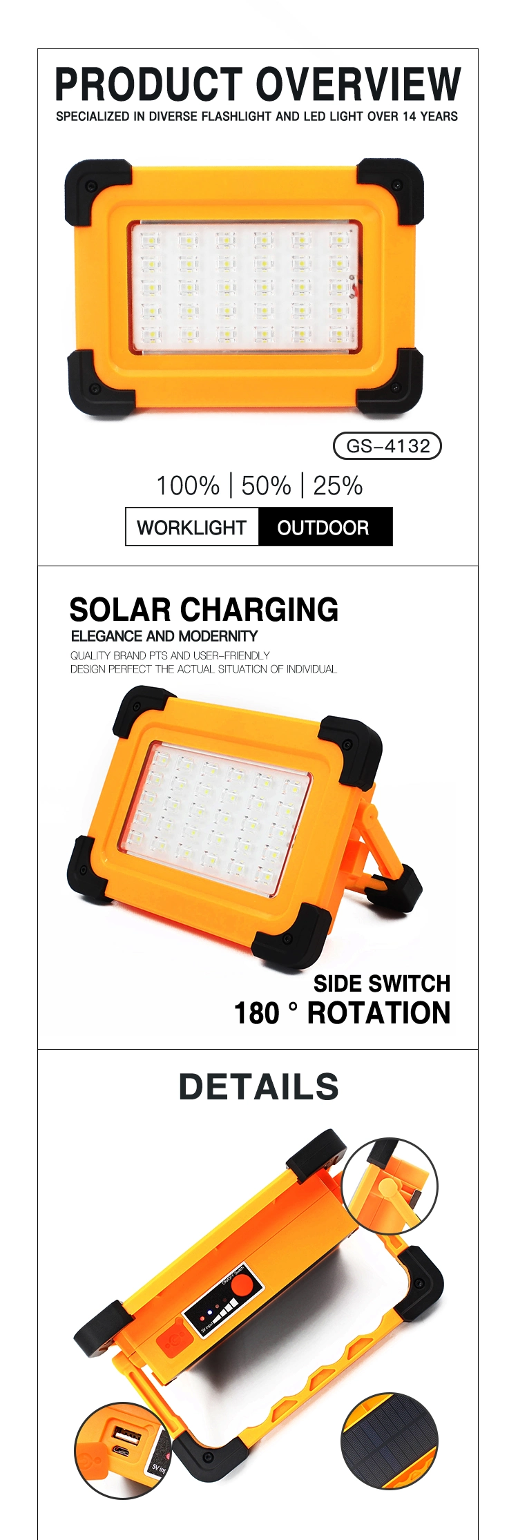 Hot Sale Solar Rechargeable USB Portable 30W LED Outdoor LED Work Light